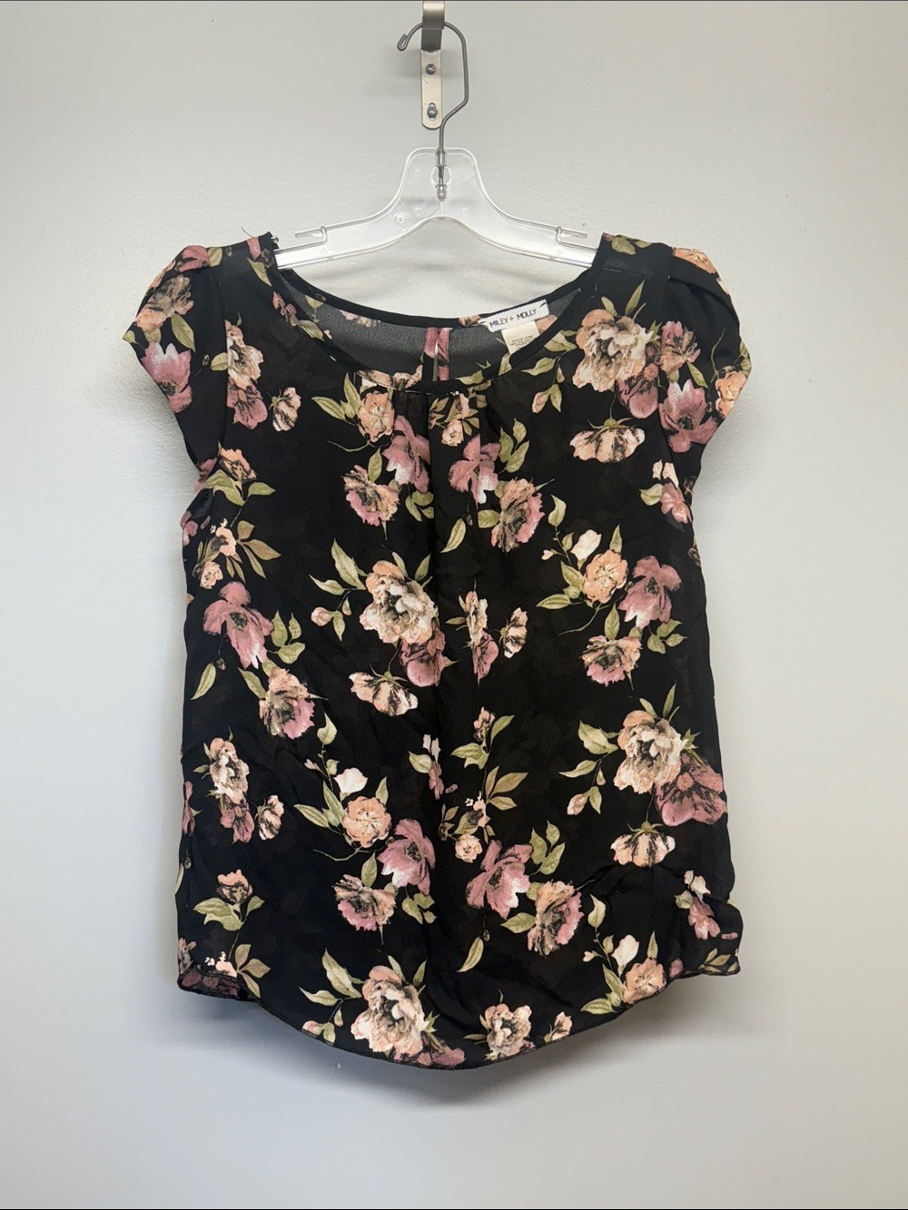 Miley + Molly Black Floral Cap-Sleeve Blouse with Pink Floral Print